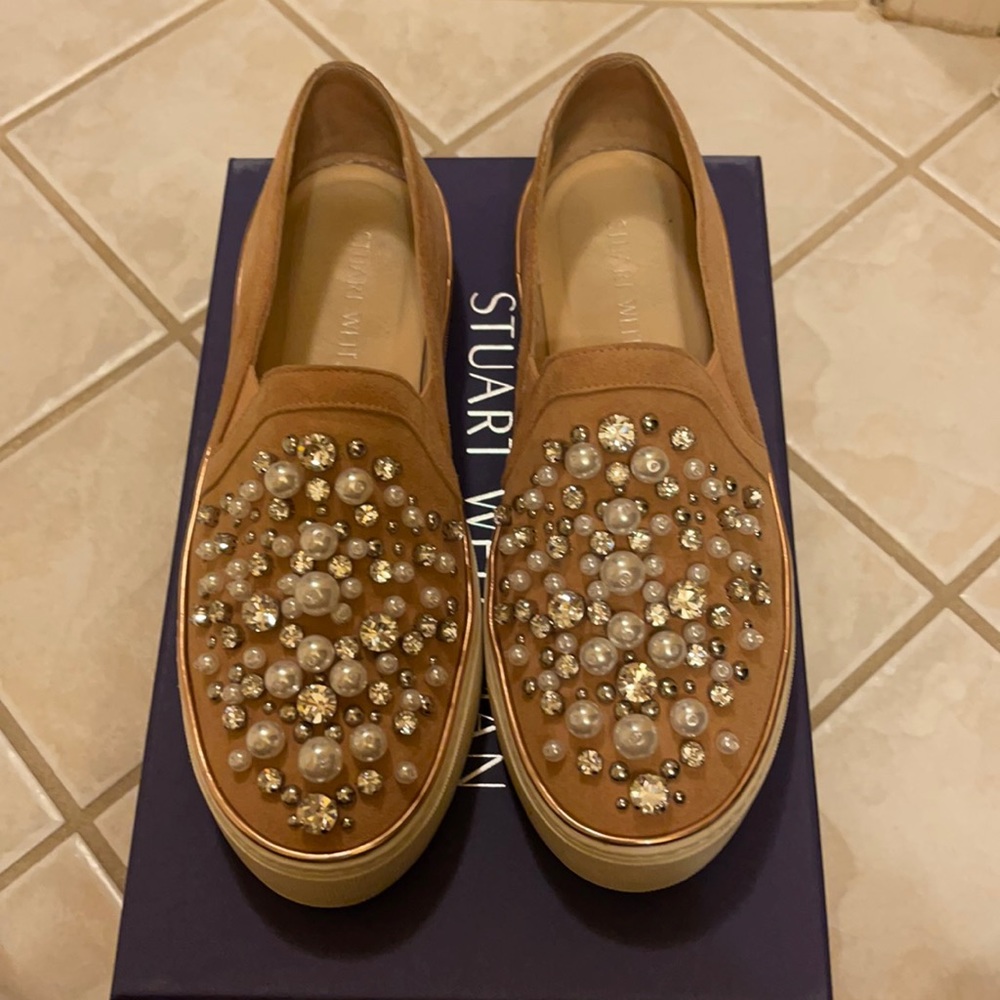 Stuart Weitzman jeweled slid on nude pink shoes